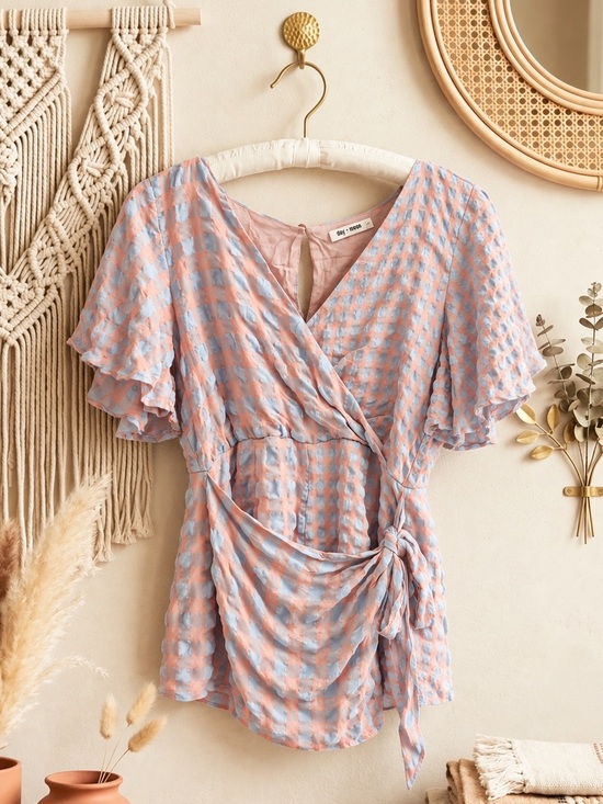 Day + Moon Pants - Day + Moon Women’s Peach & Blue Wrap Romper with Tie Waist